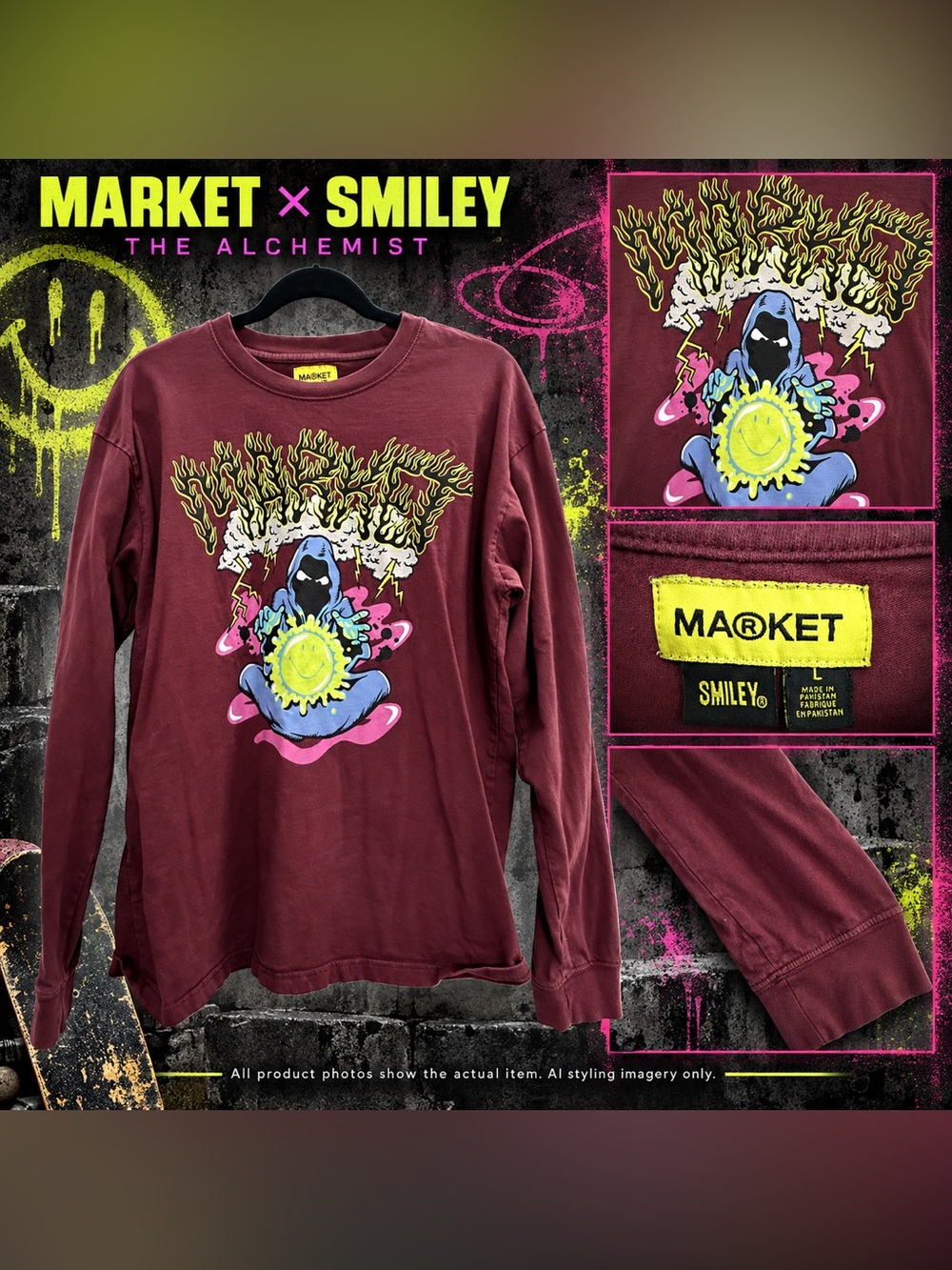 Market Smiley The Alchemist Long Sleeve Shirt L Burgundy Streetwear Graphic EUC